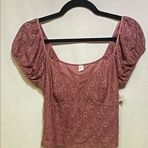 bp Rose Mauve Puff Sleeve Lace-Texture Crop Top